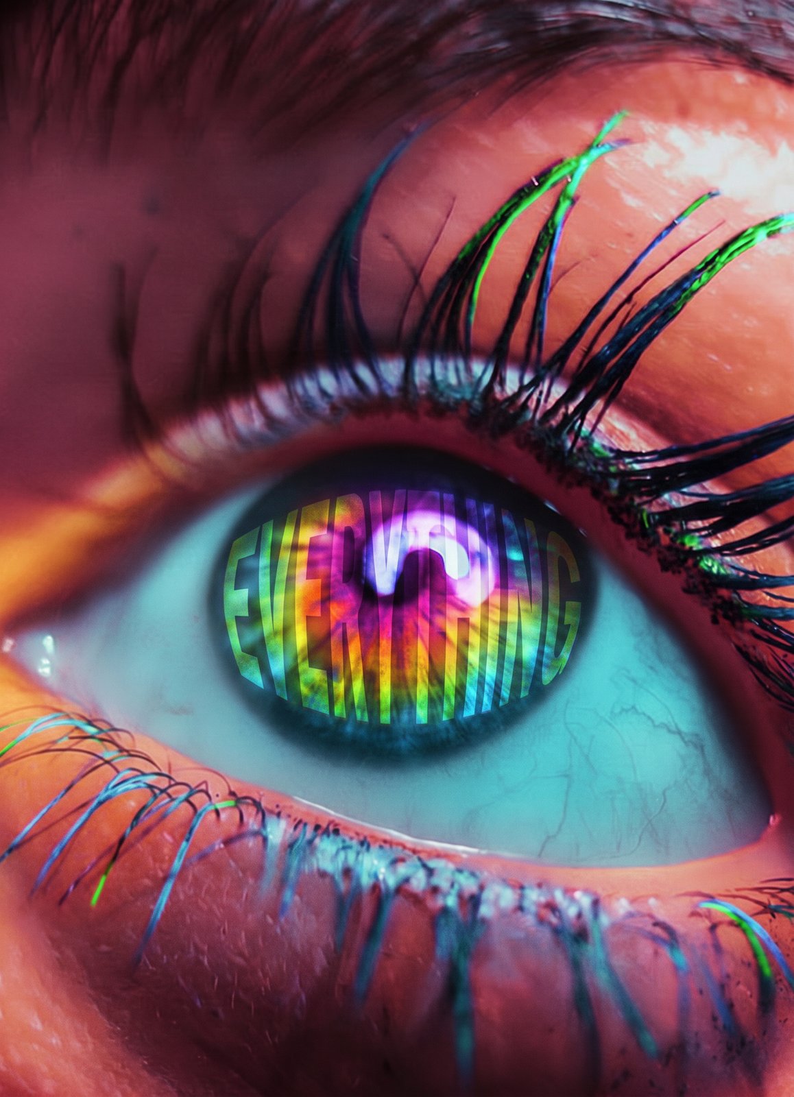 An extreme close-up of a human eye glows beneath vivid neon lighting, saturated in electric blues, fiery oranges, pinks, and greens. Long eyelashes catch streaks of fluorescent color, giving them an almost synthetic appearance. The pale blue-white sclera contrasts sharply with the enormous dark pupil and iris. Reflected across the eye in bold, rainbow-colored lettering is the word “EVERYTHING,” distorted naturally by the curved surface. The surreal composition feels intensely personal and dreamlike, suggesting overwhelming perception, interconnectedness, or the sensation of seeing an entire universe reflected within a single moment of awareness.