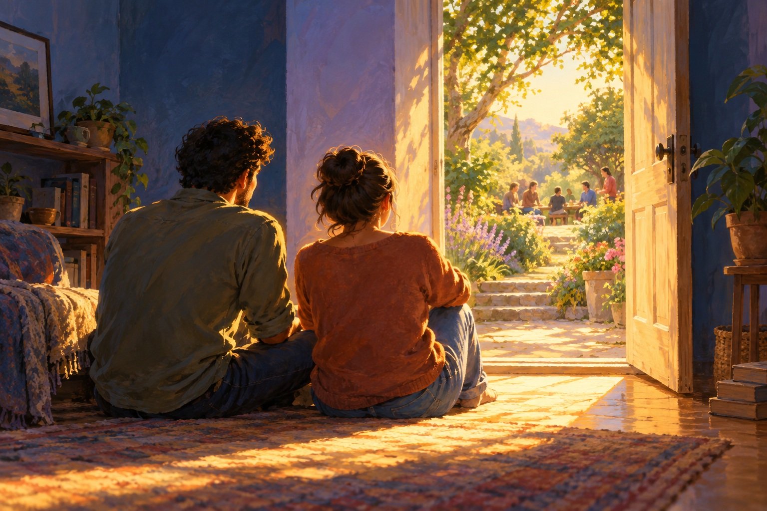 A dark room as the central image, with warm light through an open doorway and a quiet gesture of companionship to convey hope.