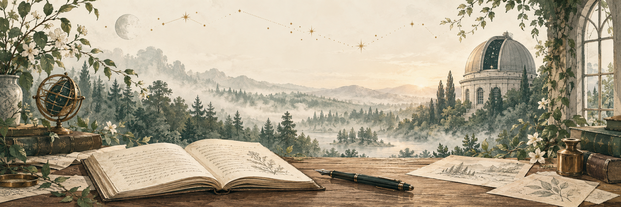 An open manuscript overlooking a wooded valley and an observatory.