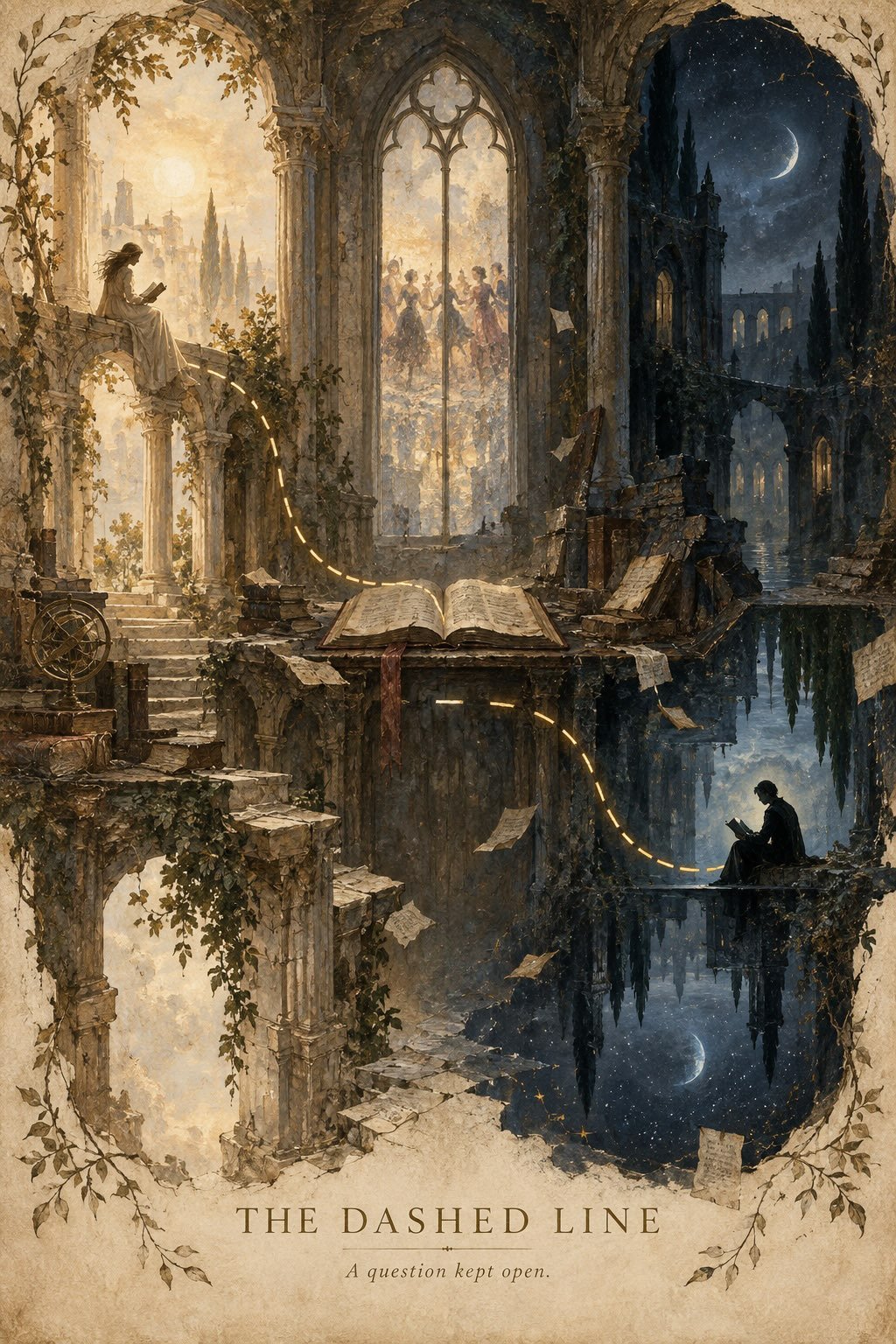 A surreal painting of two readers in a ruined library, one seated in warm golden daylight above, the other beneath a deep blue, star-filled night sky below. A dashed golden line curves between their separate spaces around a large open book at the center. Towering arches, scattered books, trailing greenery, and an astronomical globe surround them. Through a tall central window, distant figures appear gathered in celebration. The mirrored architecture suggests parallel worlds, while gaps in the golden line leave their connection unresolved. Text at the bottom reads: “The Dashed Line — A question kept open.”